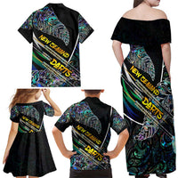 Personalised New Zealand Darts Family Matching Off Shoulder Maxi Dress and Hawaiian Shirt NZ Paua Shell Maori Fern DT02 - Polynesian Pride