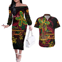 Custom Vanuatu 45th Independence Anniversary Couples Matching Off The Shoulder Long Sleeve Dress and Hawaiian Shirt Flower Melanesian Namele Turtle - Polynesian Pride