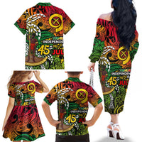 Personalized Vanuatu 45th Independence Anniversary Family Matching Off The Shoulder Long Sleeve Dress and Hawaiian Shirt Melanesian Pattern Reggae - Polynesian Pride