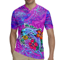 Personalized Dolphin Polynesia Rugby Jersey Hibiscus Tropical Wave - Purple Vibes
