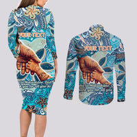 Hand In Hand Father's Day Polynesian Couples Matching Long Sleeve Bodycon Dress and Long Sleeve Button Shirt Tribal Flower Pattern