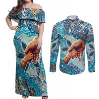 Hand In Hand Father's Day Polynesian Couples Matching Off Shoulder Maxi Dress and Long Sleeve Button Shirt Tribal Flower Pattern
