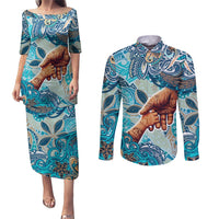 Hand In Hand Father's Day Polynesian Couples Matching Puletasi and Long Sleeve Button Shirt Tribal Flower Pattern