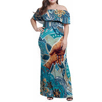 Hand In Hand Father's Day Polynesian Family Matching Off Shoulder Maxi Dress and Hawaiian Shirt Tribal Flower Pattern