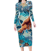 Hand In Hand Father's Day Polynesian Long Sleeve Bodycon Dress Tribal Flower Pattern DT02 Long Dress Blue - Polynesian Pride