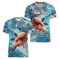 Hand In Hand Father's Day Polynesian Women V-Neck T-Shirt Tribal Flower Pattern