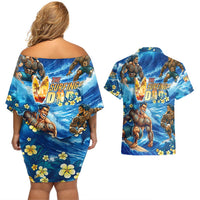 Hawaii Father's Day Couples Matching Off Shoulder Short Dress and Hawaiian Shirt The Surfing Dad Polynesian Tattoo