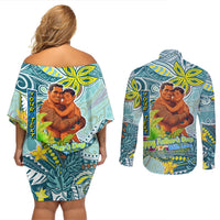 Palau Father's Day Polynesia Couples Matching Off Shoulder Short Dress and Long Sleeve Button Shirt Dad and Son
