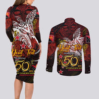 PNG 1975 - 2025 Couples Matching Long Sleeve Bodycon Dress and Long Sleeve Button Shirt Papua New Guinea 50th Independence Anniversary