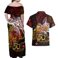 PNG 1975 - 2025 Couples Matching Off Shoulder Maxi Dress and Hawaiian Shirt Papua New Guinea 50th Independence Anniversary