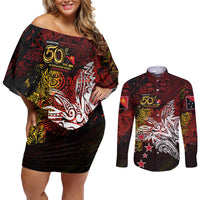 PNG 1975 - 2025 Couples Matching Off Shoulder Short Dress and Long Sleeve Button Shirt Papua New Guinea 50th Independence Anniversary
