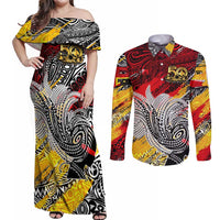 Papua New Guinea 50th Independence Day Couples Matching Off Shoulder Maxi Dress and Long Sleeve Button Shirt Celebrate Our History, Inspire Our Future