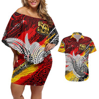 Papua New Guinea 50th Independence Day Couples Matching Off Shoulder Short Dress and Hawaiian Shirt Celebrate Our History, Inspire Our Future