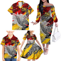 Papua New Guinea 50th Independence Day Family Matching Off The Shoulder Long Sleeve Dress and Hawaiian Shirt Celebrate Our History, Inspire Our Future