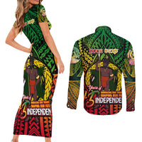 Vanuatu 45th Independence Anniversary Couples Matching Short Sleeve Bodycon Dress and Long Sleeve Button Shirt Embracing Our Traditions Shaping Our Future