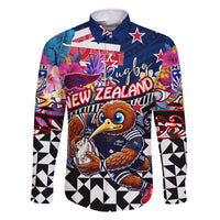 Personalized Kiwi New Zealand Rugby Family Matching Off Shoulder Short Dress and Hawaiian Shirt Kiwis Mascot Tropical Pattern DT02 Dad's Shirt - Long Sleeve Blue - Polynesian Pride