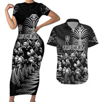 Personalized All Black Brothers Rugby Couples Matching Short Sleeve Bodycon Dress and Hawaiian Shirt New Zealand Maori Haka