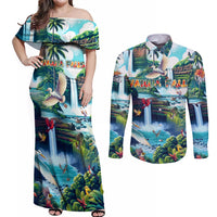 Wailua Falls Hawaii Couples Matching Off Shoulder Maxi Dress and Long Sleeve Button Shirt Kauai Natural Beauty