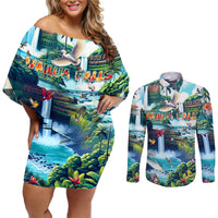 Wailua Falls Hawaii Couples Matching Off Shoulder Short Dress and Long Sleeve Button Shirt Kauai Natural Beauty