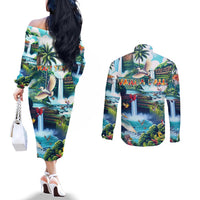 Wailua Falls Hawaii Couples Matching Off The Shoulder Long Sleeve Dress and Long Sleeve Button Shirt Kauai Natural Beauty