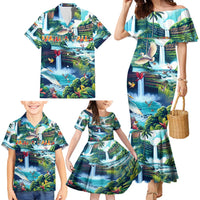 Wailua Falls Hawaii Family Matching Mermaid Dress and Hawaiian Shirt Kauai Natural Beauty