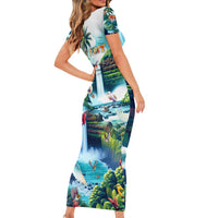 Wailua Falls Hawaii Short Sleeve Bodycon Dress Kauai Natural Beauty DT02 - Polynesian Pride