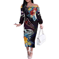 Personalized Amelika Samoa Sharks Polynesia Family Matching Off The Shoulder Long Sleeve Dress and Hawaiian Shirt American Samoa