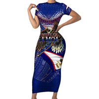 American Samoa Short Sleeve Bodycon Dress Brave Eagle Flag Color DT02 Long Dress Blue - Polynesian Pride