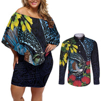 New Zealand Tui Bird Couples Matching Off Shoulder Short Dress and Long Sleeve Button Shirt Maori Koru Mix Pohutukawa DT04 Black - Polynesian Pride