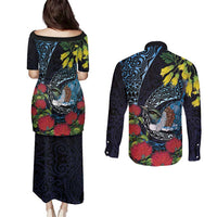 New Zealand Tui Bird Couples Matching Puletasi and Long Sleeve Button Shirt Maori Koru Mix Pohutukawa DT04 - Polynesian Pride