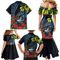 New Zealand Tui Bird Family Matching Mermaid Dress and Hawaiian Shirt Maori Koru Mix Pohutukawa DT04 - Polynesian Pride