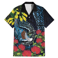 New Zealand Tui Bird Family Matching Mermaid Dress and Hawaiian Shirt Maori Koru Mix Pohutukawa DT04 Dad's Shirt - Short Sleeve Black - Polynesian Pride