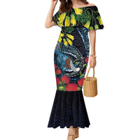 New Zealand Tui Bird Family Matching Mermaid Dress and Hawaiian Shirt Maori Koru Mix Pohutukawa DT04 Mom's Dress Black - Polynesian Pride