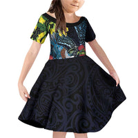 New Zealand Tui Bird Family Matching Off Shoulder Short Dress and Hawaiian Shirt Maori Koru Mix Pohutukawa