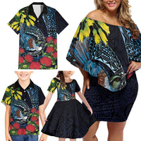 New Zealand Tui Bird Family Matching Off Shoulder Short Dress and Hawaiian Shirt Maori Koru Mix Pohutukawa