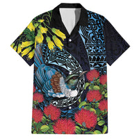 New Zealand Tui Bird Family Matching Off Shoulder Short Dress and Hawaiian Shirt Maori Koru Mix Pohutukawa