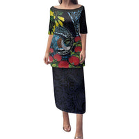 New Zealand Tui Bird Family Matching Puletasi and Hawaiian Shirt Maori Koru Mix Pohutukawa DT04 Mom's Dress Black - Polynesian Pride