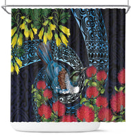 New Zealand Tui Bird Shower Curtain Maori Koru Mix Pohutukawa