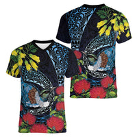 New Zealand Tui Bird Women V-Neck T-Shirt Maori Koru Mix Pohutukawa DT04 - Polynesian Pride