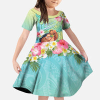 Personalised Hawaii Father's Day Family Matching Puletasi and Hawaiian Shirt Happy Father And Child DT04 Daughter's Dress Green - Polynesian Pride