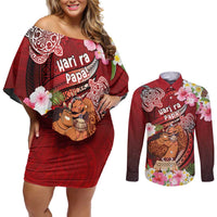 Personalised New Zealand Father's Day Couples Matching Off Shoulder Short Dress and Long Sleeve Button Shirt Happy Father And Child DT04 Red - Polynesian Pride