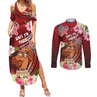 Personalised New Zealand Father's Day Couples Matching Summer Maxi Dress and Long Sleeve Button Shirt Happy Father And Child DT04 Red - Polynesian Pride