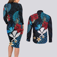 Hawaii Butterfly Couples Matching Long Sleeve Bodycon Dress and Long Sleeve Button Shirt Kanaka Maoli Mix Hibiscus