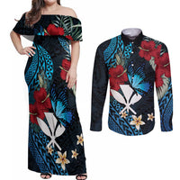 Hawaii Butterfly Couples Matching Off Shoulder Maxi Dress and Long Sleeve Button Shirt Kanaka Maoli Mix Hibiscus