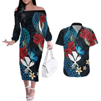 Hawaii Butterfly Couples Matching Off The Shoulder Long Sleeve Dress and Hawaiian Shirt Kanaka Maoli Mix Hibiscus