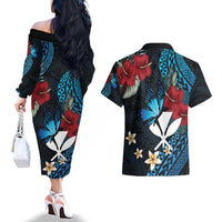 Hawaii Butterfly Couples Matching Off The Shoulder Long Sleeve Dress and Hawaiian Shirt Kanaka Maoli Mix Hibiscus