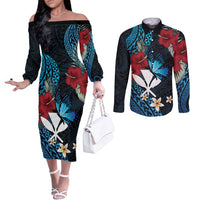 Hawaii Butterfly Couples Matching Off The Shoulder Long Sleeve Dress and Long Sleeve Button Shirt Kanaka Maoli Mix Hibiscus