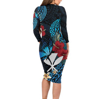 Hawaii Butterfly Family Matching Long Sleeve Bodycon Dress and Hawaiian Shirt Kanaka Maoli Mix Hibiscus