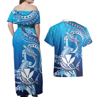 Hawaii Couples Matching Off Shoulder Maxi Dress and Hawaiian Shirt Turtle With Hammerhead Shark Oceanic