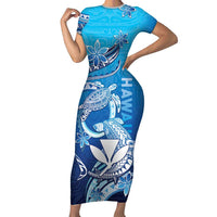 Hawaii Family Matching Short Sleeve Bodycon Dress and Hawaiian Shirt Turtle With Hammerhead Shark Oceanic DT04 Mom's Dress Blue - Polynesian Pride